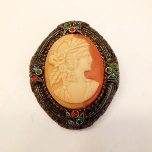 Vintage 1930's Cameo Brooch with Multicolor Rhinestone Accents, 1.75 In